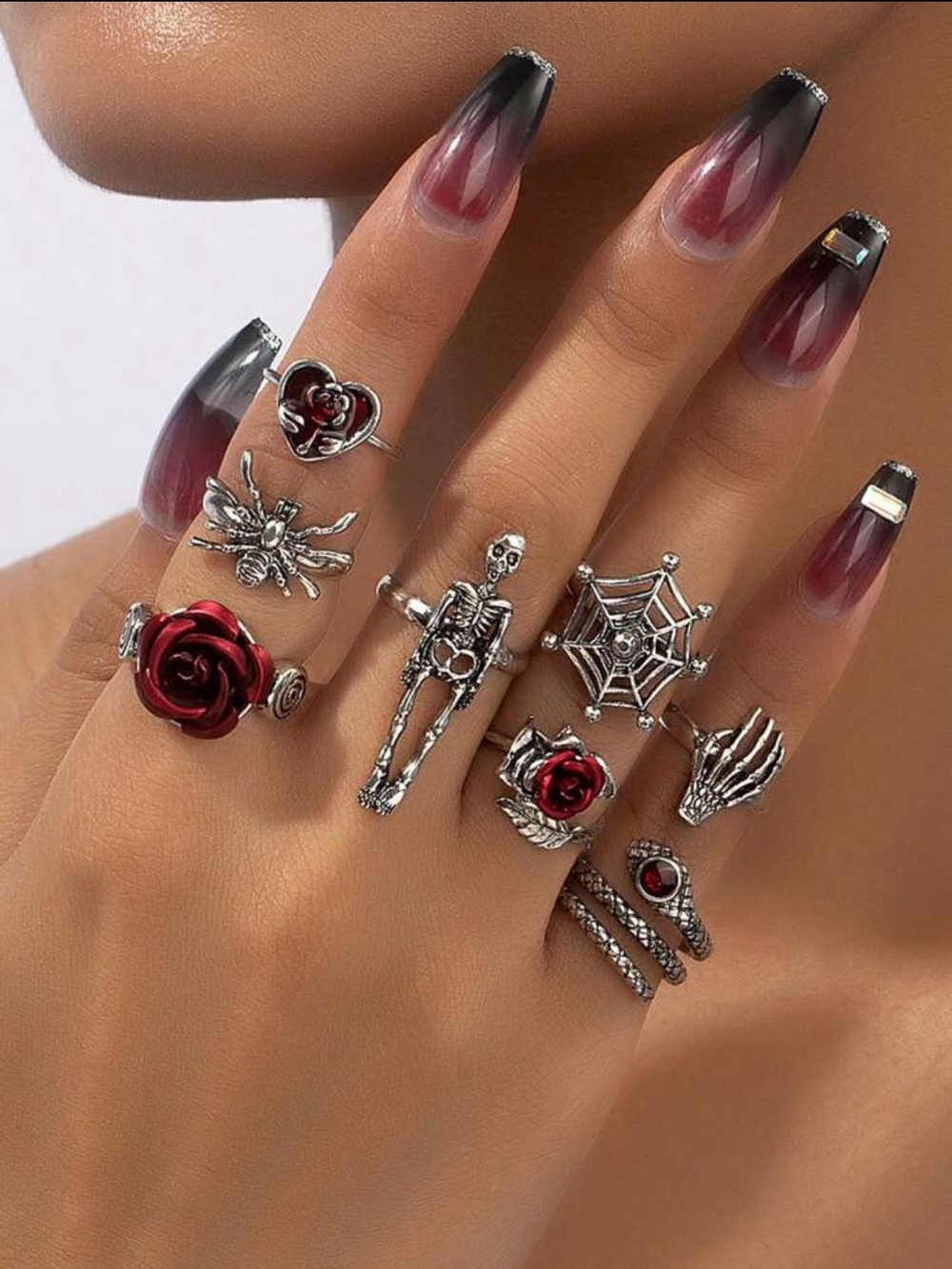 Silver Skull & Rose Ring Stack with Red Accents